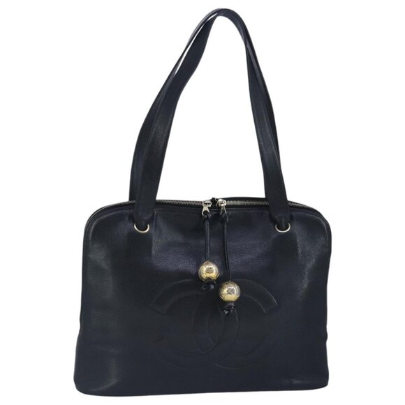 CHANEL COCO Mark Tote Bag Grained Calf Skin Black Gold CC Auth yk15761 - Picture 1 of 16